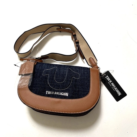 NWT TRUE RELIGION Saddle Flap Denim Crossbody Bag Stitched Horseshoe Logo Brown - Picture 2 of 9